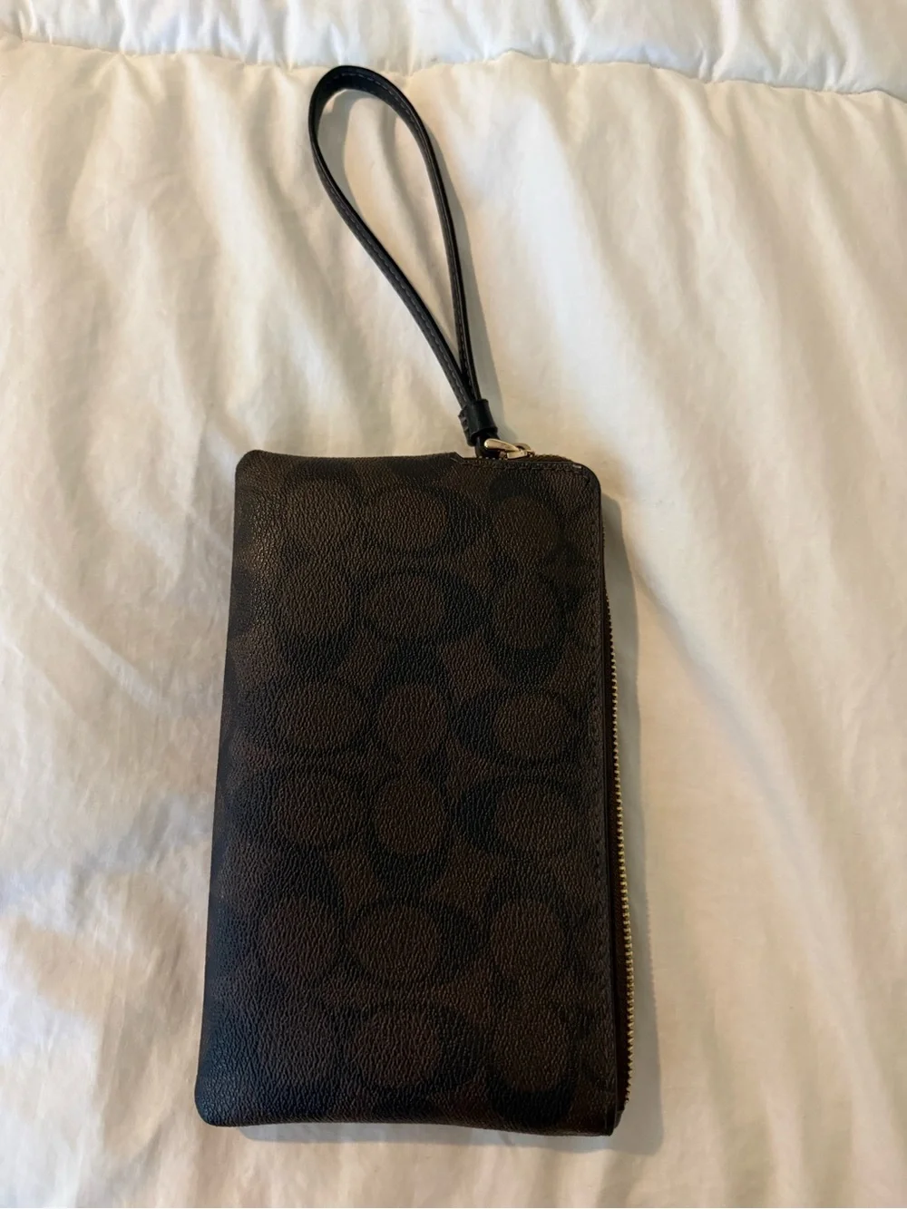 Coach Brown Signature Monogram Wristlet with Black Strap